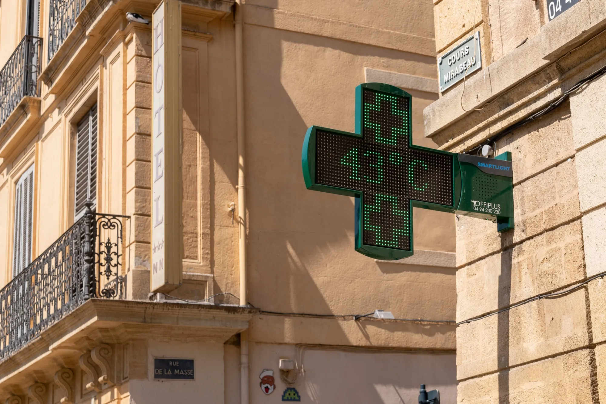 A digital screen displays the temperature of 43 degrees Celsius outside a pharmacy during high temperatures in Aix-en-provence, France&nbsp;on Aug. 24, 2023.&nbsp;