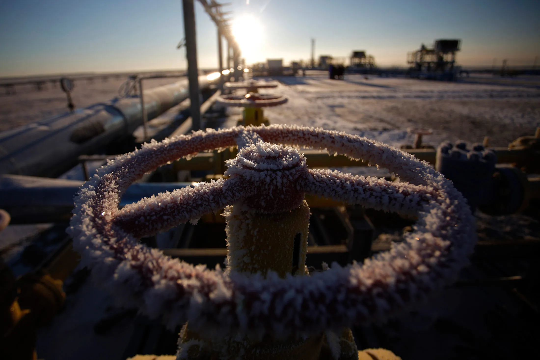 Valve control wheels are seen on pipework near gas well site at Bovanenkovo gas field, Yamalo-Nenetsky region, Russia, on Tuesday, Oct. 23, 2012.
