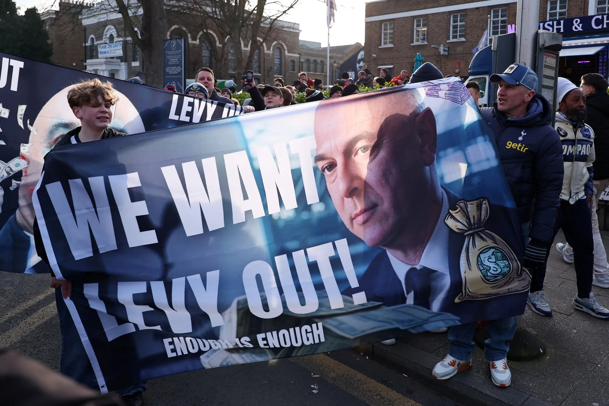 Tottenham Hotspur supporters protest against the ownership of Daniel Levy and ENIC Group prior to a&nbsp;home match on Feb. 16.