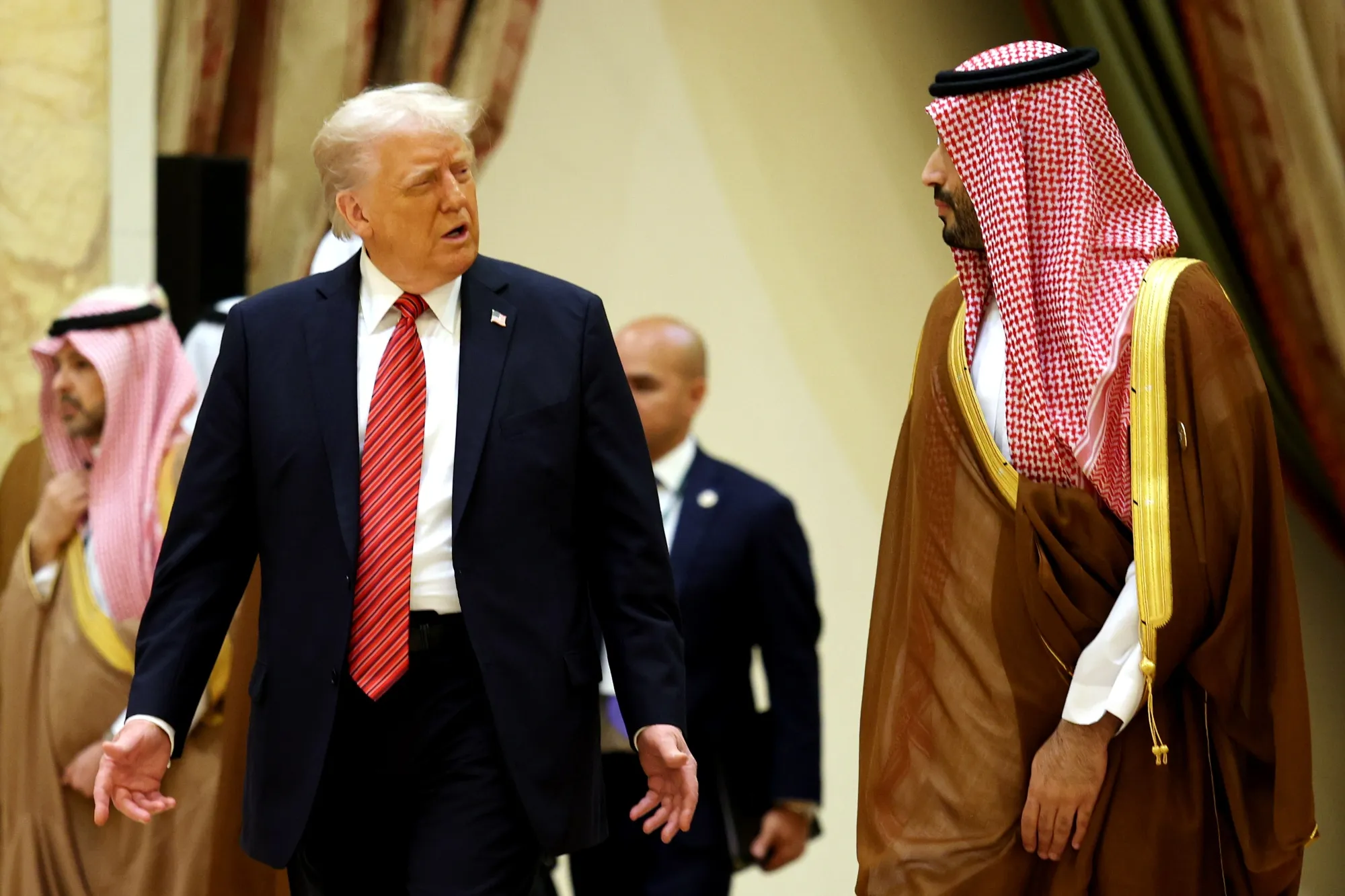Donald Trump and Saudi Crown Prince Mohammed bin Salman arrive at the Gulf Cooperation Council Leaders’ Summit in Riyadh on May 14.&nbsp;