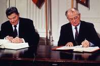 Ronald Reagan and Mikhail Gorbachev Signing Treaty