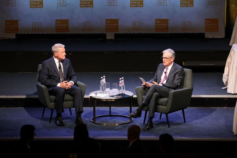 Jerome Powell, chairman of the US Federal Reserve, right, during an interview at an Economic Club of New York event in New York, US, on Thursday, Oct. 19, 2023.