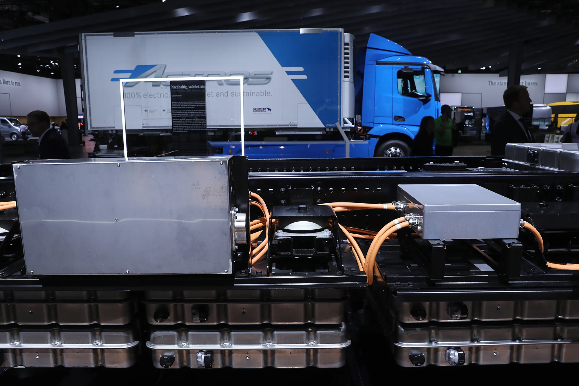 Automotive battery packs and electrical driving system on display alongside a&nbsp;Mercedes-Benz e-Actros electric haulage truck at the IAA Commercial Vehicles Show in Hanover, Germany.