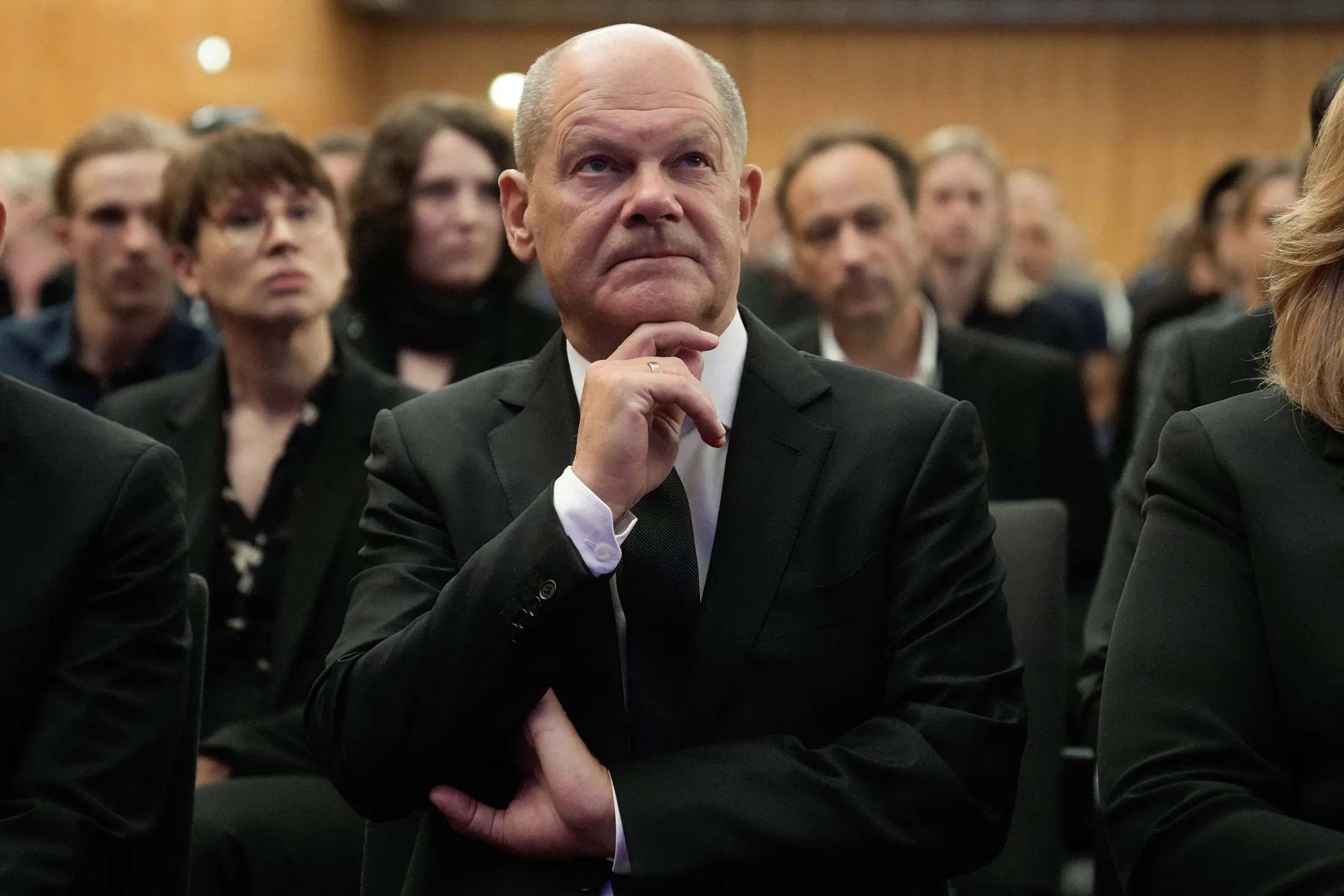 Olaf Scholz attends a commemoration ceremony for the victims of a deadly knife attack that caused nationwide shock, and fueled a debate about immigration ahead of key regional elections, on Sept. 1.
