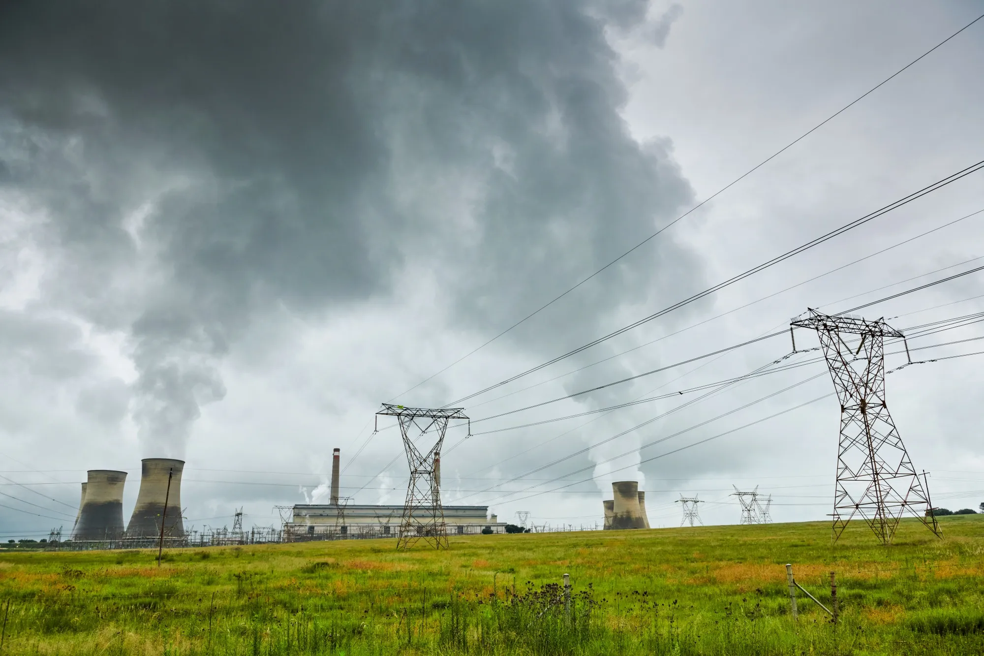 Electricity pylons at a coal-fired power station in Mpumalanga, South Africa.