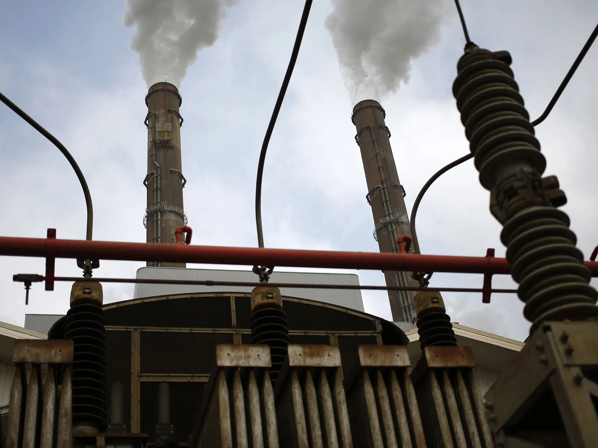 An electrical transformer at a power plant.