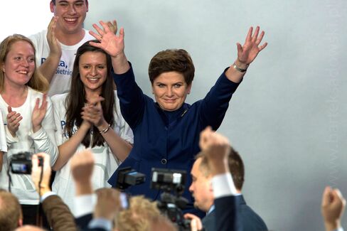 Beata Szydlo celebrates winning the Parliamentary election at the headquarters of the Law and Justice Party on Oct. 25, in Warsaw, Poland.