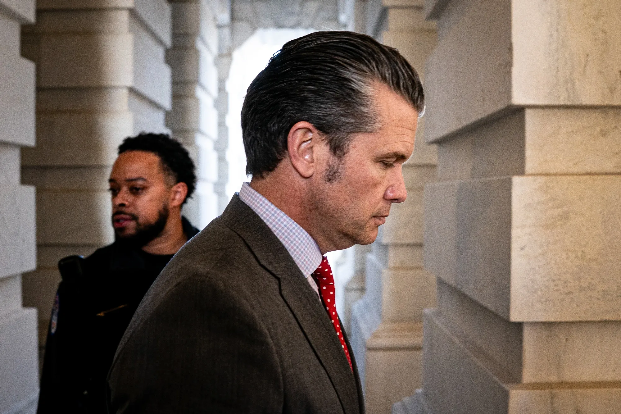 Defense Secretary Pete Hegseth leaves the Capitol after briefing lawmakers.