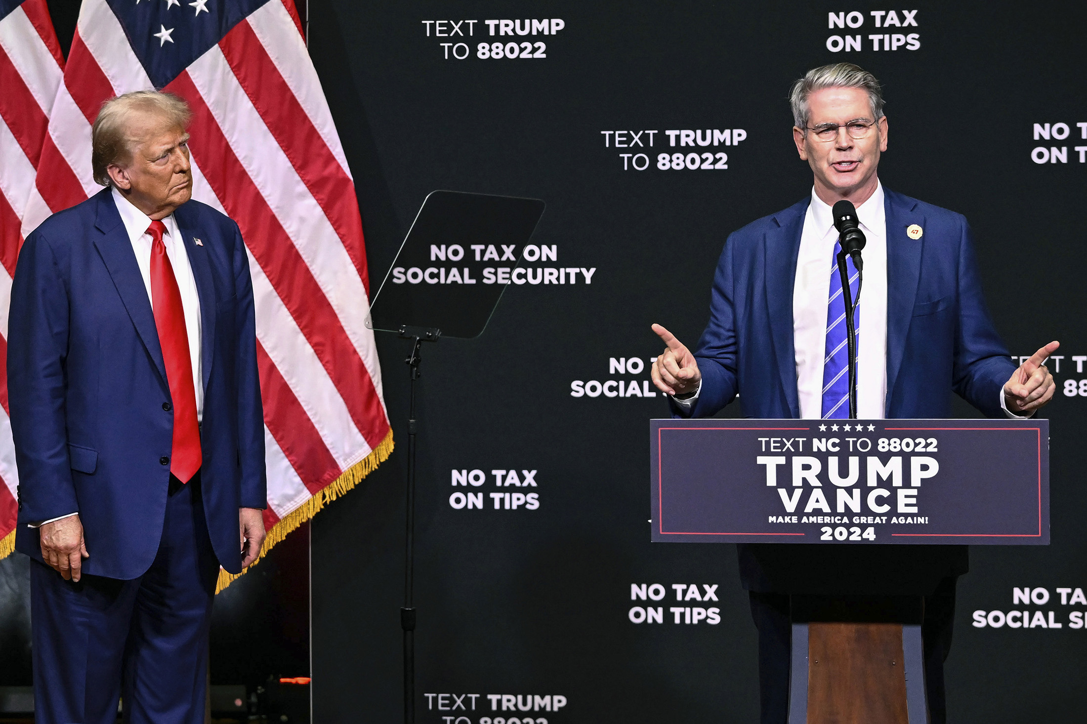 Donald Trump with Scott Bessent during a campaign event in Asheville, North Carolina, on Aug. 14, 2024.