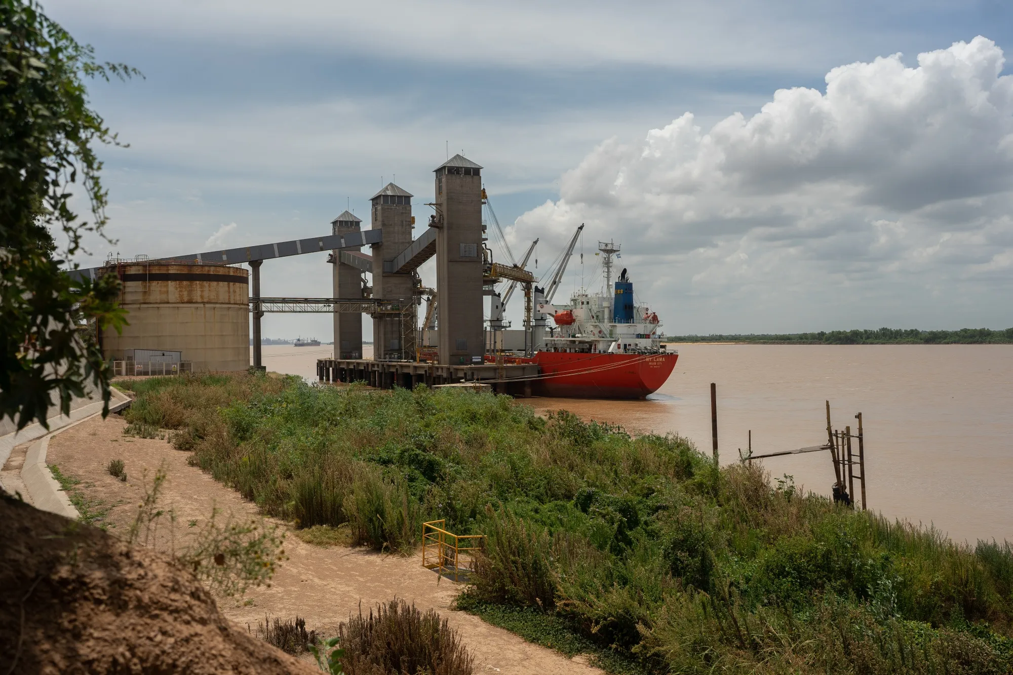 Soybeans are loaded onto a ship on the Parana River in Rosario, Argentina, in January.