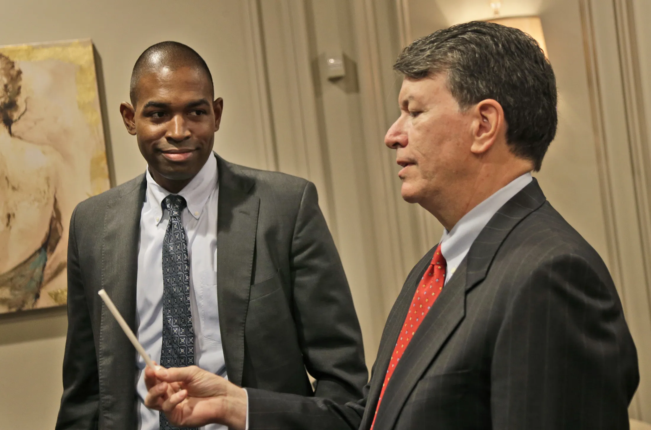 John Faso, right, and Antonio Delgado before a candidate forum in Poughkeepsie, New York, on Oct. 17.