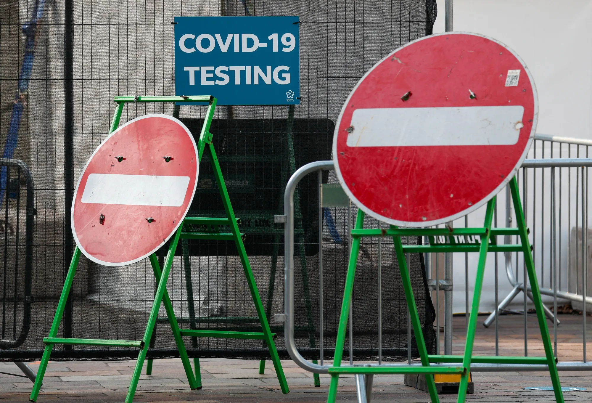 No entry signs stand outside a Covid-19 walk-in test centre during the coronavirus pandemic in Leicester, on Sept. 16.