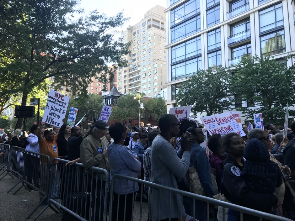 Protesters at Gracie Mansion, the New York City mayoral residence, demand the mayor fulfill his promise to build $500 million of affordable housing for seniors. June 13, 2019.