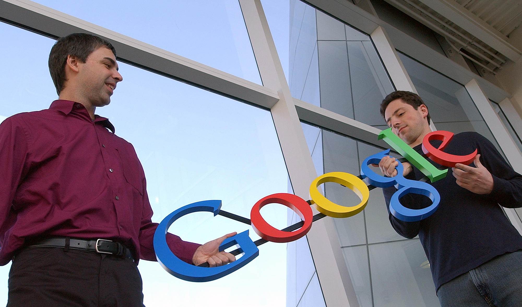 Google co-founders Larry Page, left, and Sergey Brin at their company's headquarters on Jan. 15, 2004.
