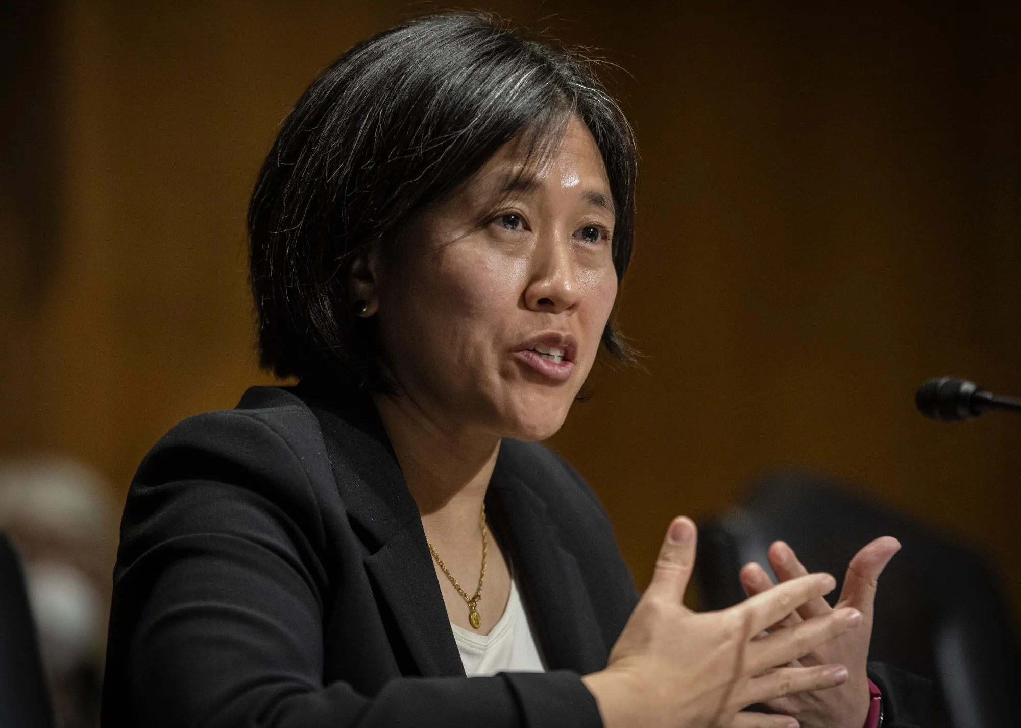 Katherine Tai speaks during her confirmation hearing in Washington, D.C. on Feb. 25.