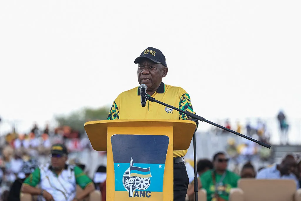 Cyril Ramaphosa&nbsp;delivers his speech at the ANC's 114th anniversary celebration at the Moruleng Stadium in Rustenburg, on Jan.&nbsp;10.