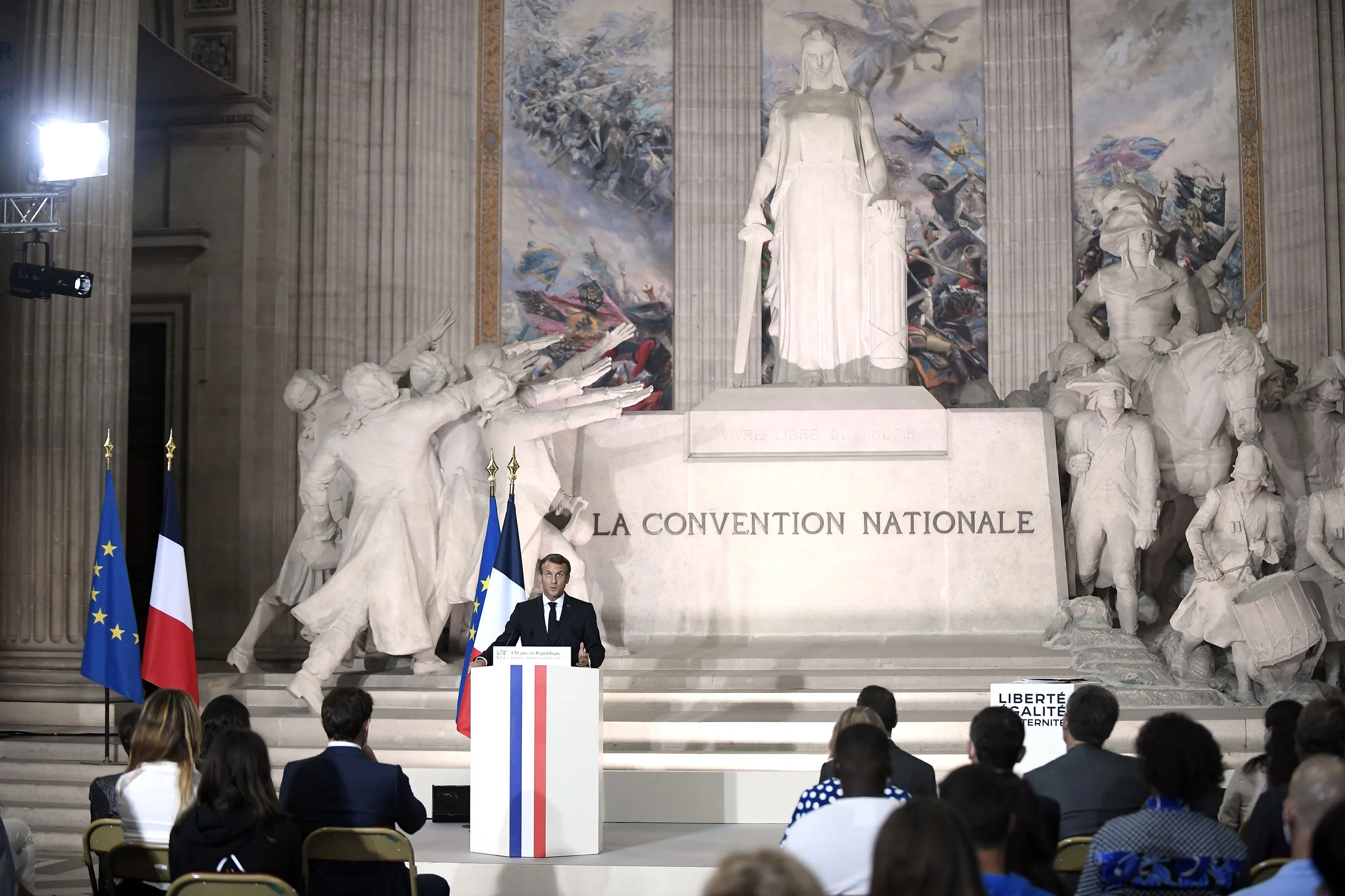 Emmanuel Macron speaks at the Pantheon, in Paris on Sept. 4.