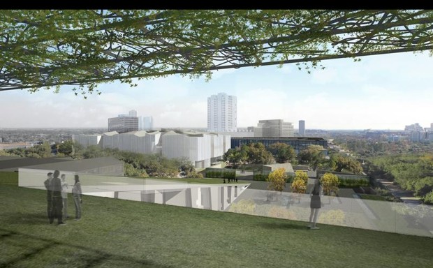 A rendering of the view of the Museum of Fine Arts, Houston, campus from the rooftop garden of the Glassell School of Art.