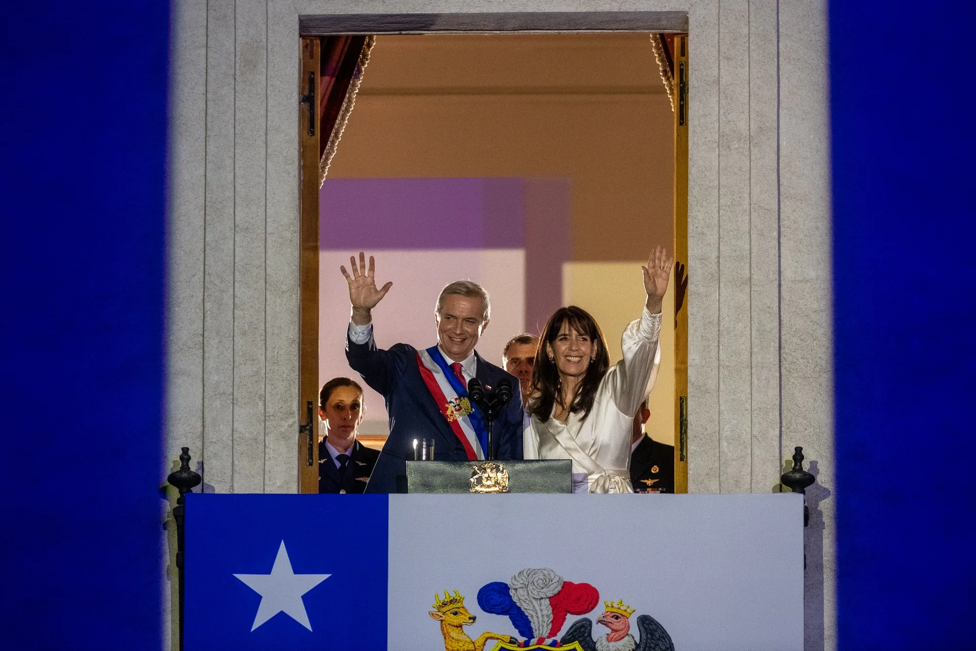 Chilean&nbsp;President&nbsp;Jose Antonio Kast&nbsp;waves to supporters following an inauguration ceremony at La Moneda palace in Santiago on&nbsp;March 11.