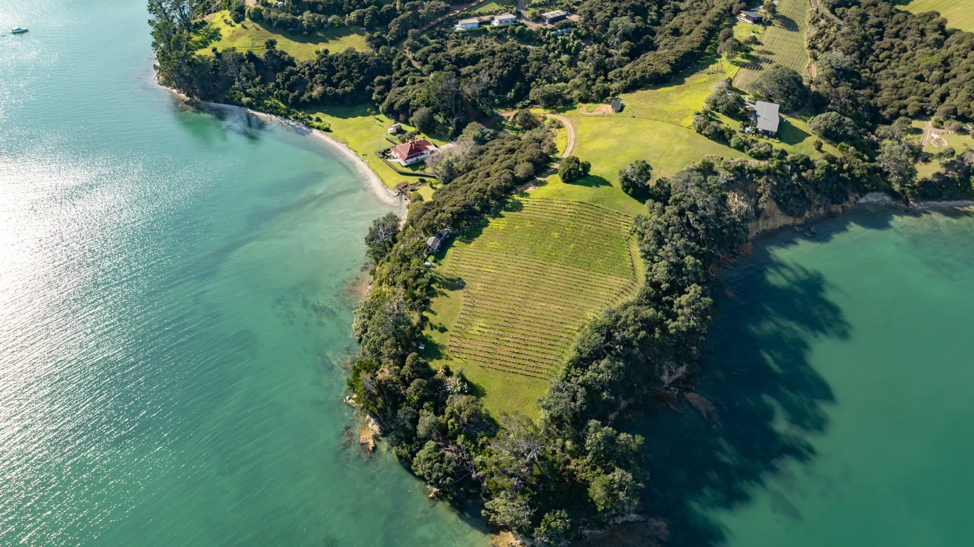 The property at 40 Rothschild Terrace on&nbsp;Waiheke Island, New Zealand, with a red roof.