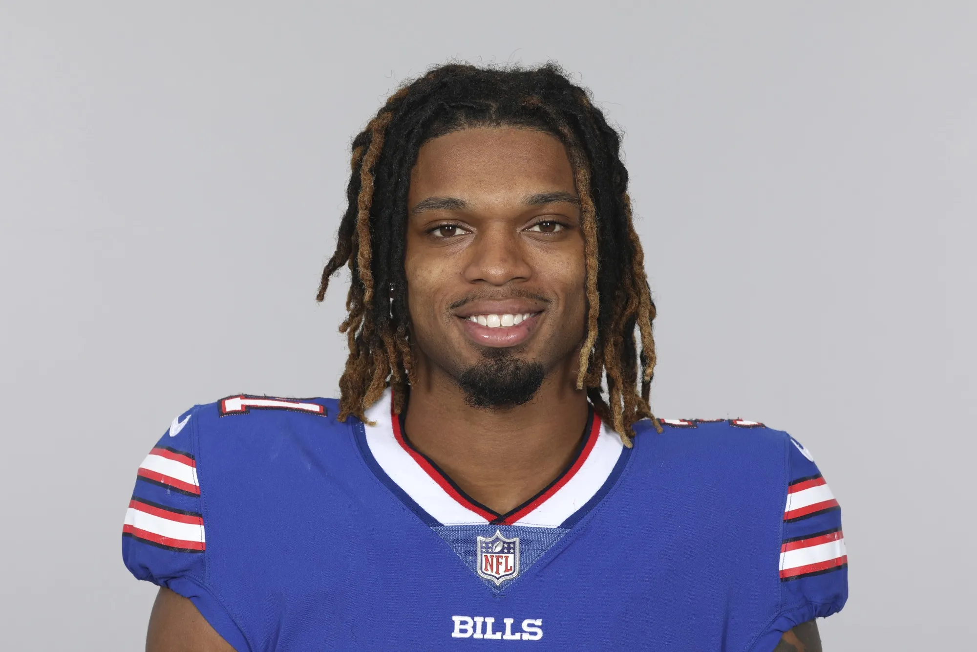 Damar Hamlin of the Buffalo Bills NFL football team smiles May 12, 2021. Damar Hamlin plans to support young people through education and sports with the $8.6 million in GoFundMe donations that unexpectedly poured into his toy drive fundraiser after he suffered a cardiac arrest in the middle of a game last week.(AP Photo)