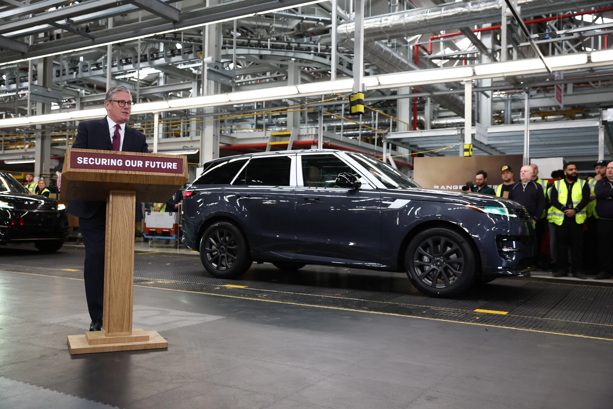 Keir Starmer at the Jaguar Land Rover automobile manufacturing plant in Solihull, UK.