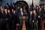 U.S. President Joe Biden speaks during an event to honor the Milwaukee Bucks for winning the 2021 NBA Championship on the South Lawn at the White House, in Washington, D.C., on Nov. 8, 2021.