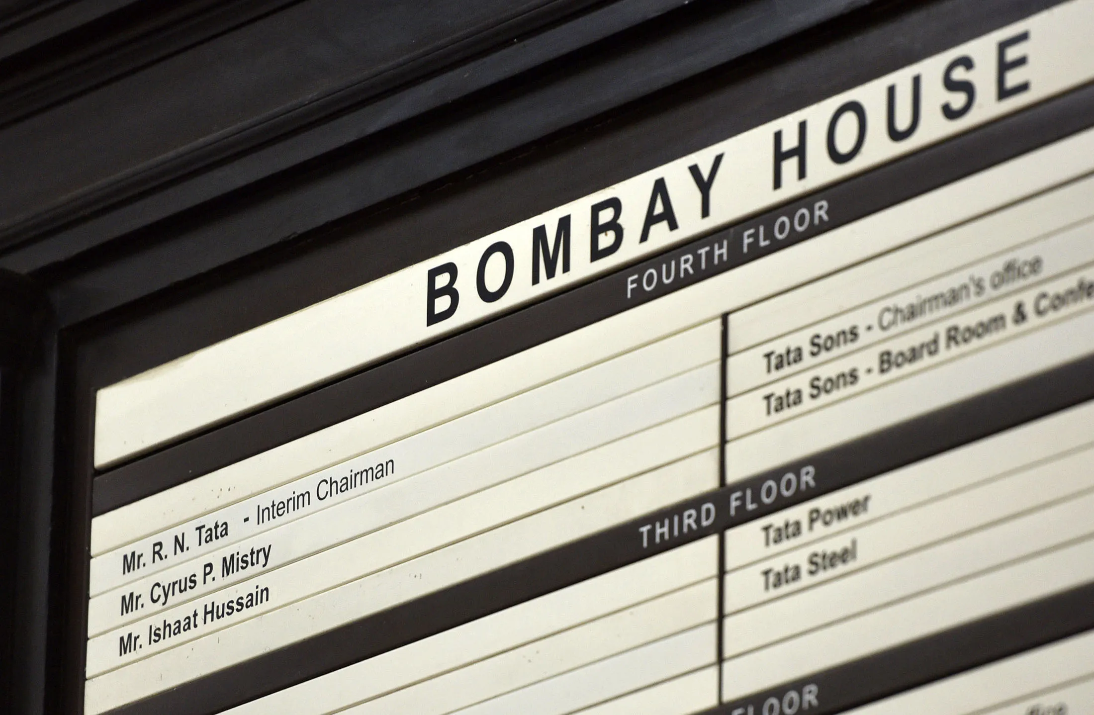 New name plates at Bombay House shows Ratan Tata as interim Chairman in Mumbai, India on Oct. 27.
