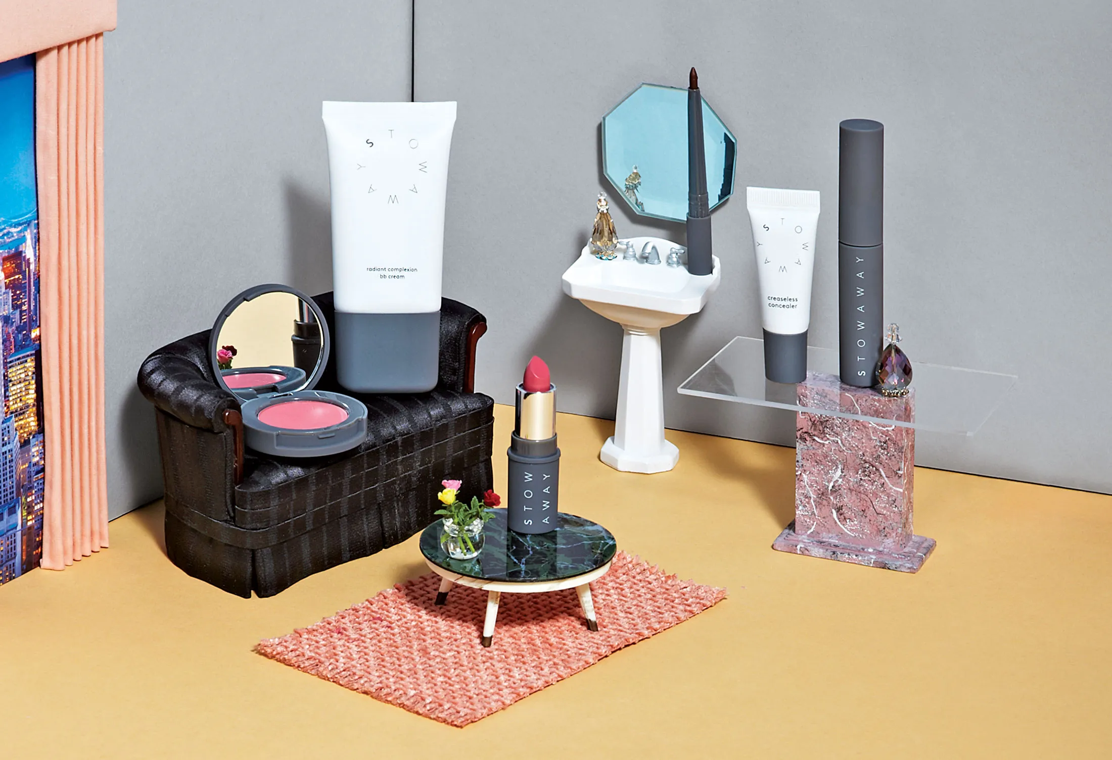 Stowaway’s set includes concealer, lipstick, blush, eyeliner, mascara, and a moisturizing beauty balm.
