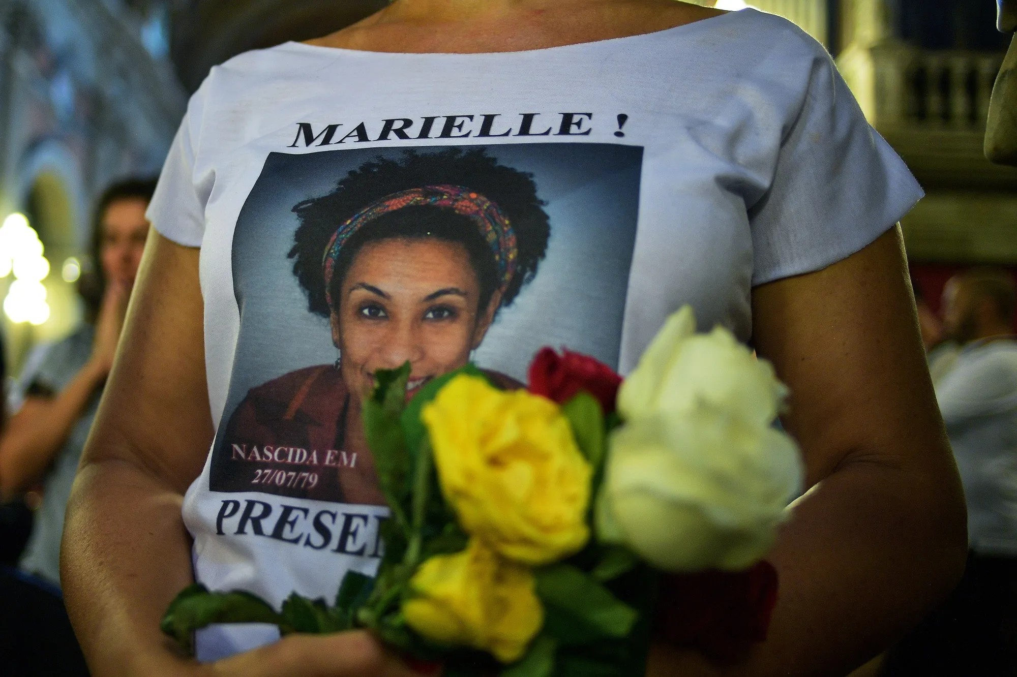 A woman wears a t-shirt bearing the portrait of slain Brazilian councilwoman Marielle Franco in&nbsp;2019.&nbsp;