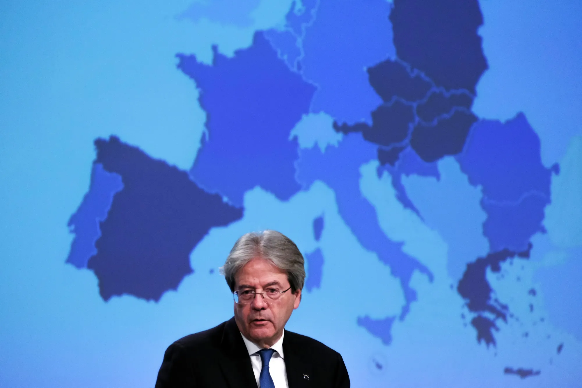 Paolo Gentiloni speaks during a news conference in Brussels, Belgium, on Feb. 11.