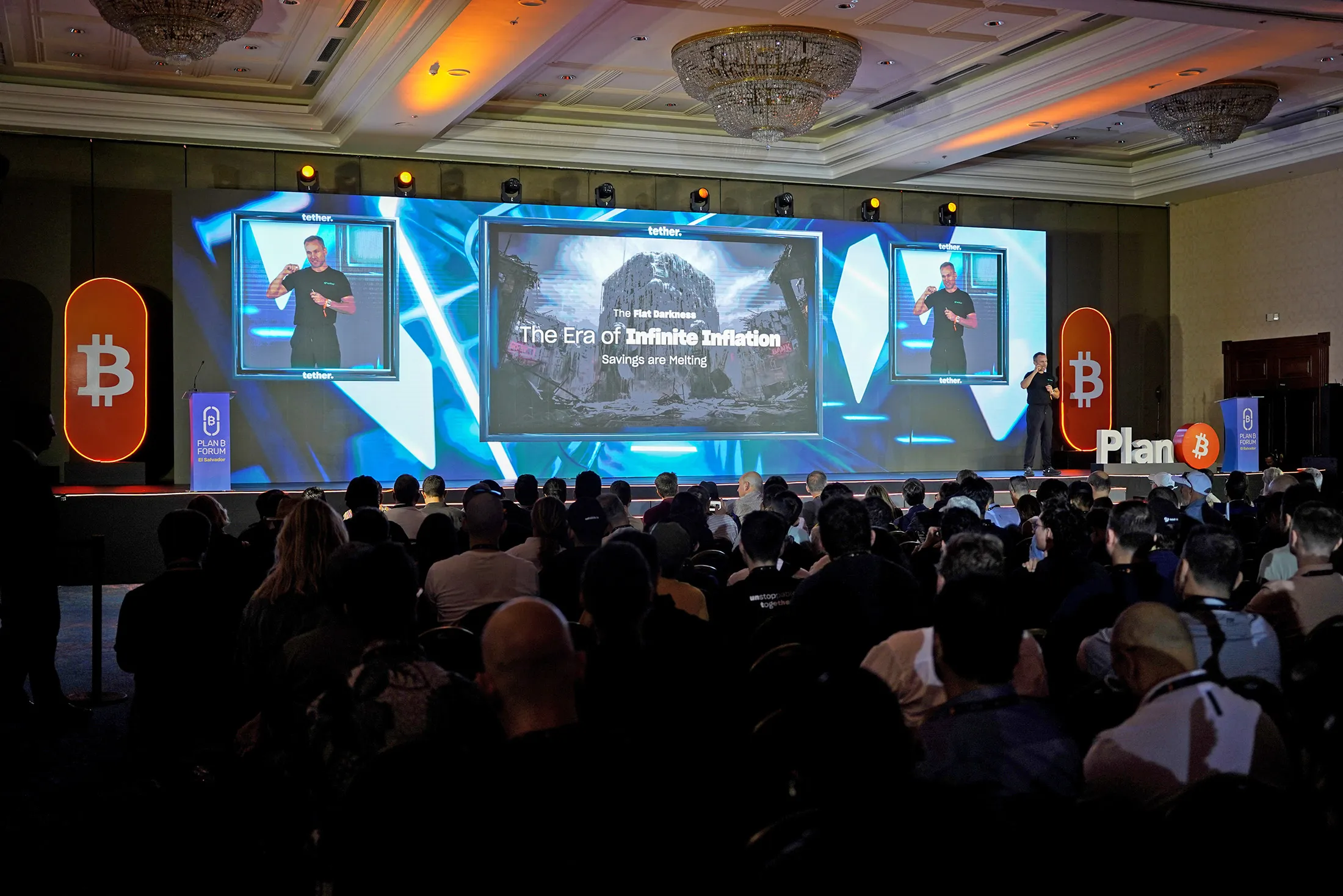 Paolo Ardoino on stage during the Plan B Forum Bitcoin conference in San Salvador in January. 