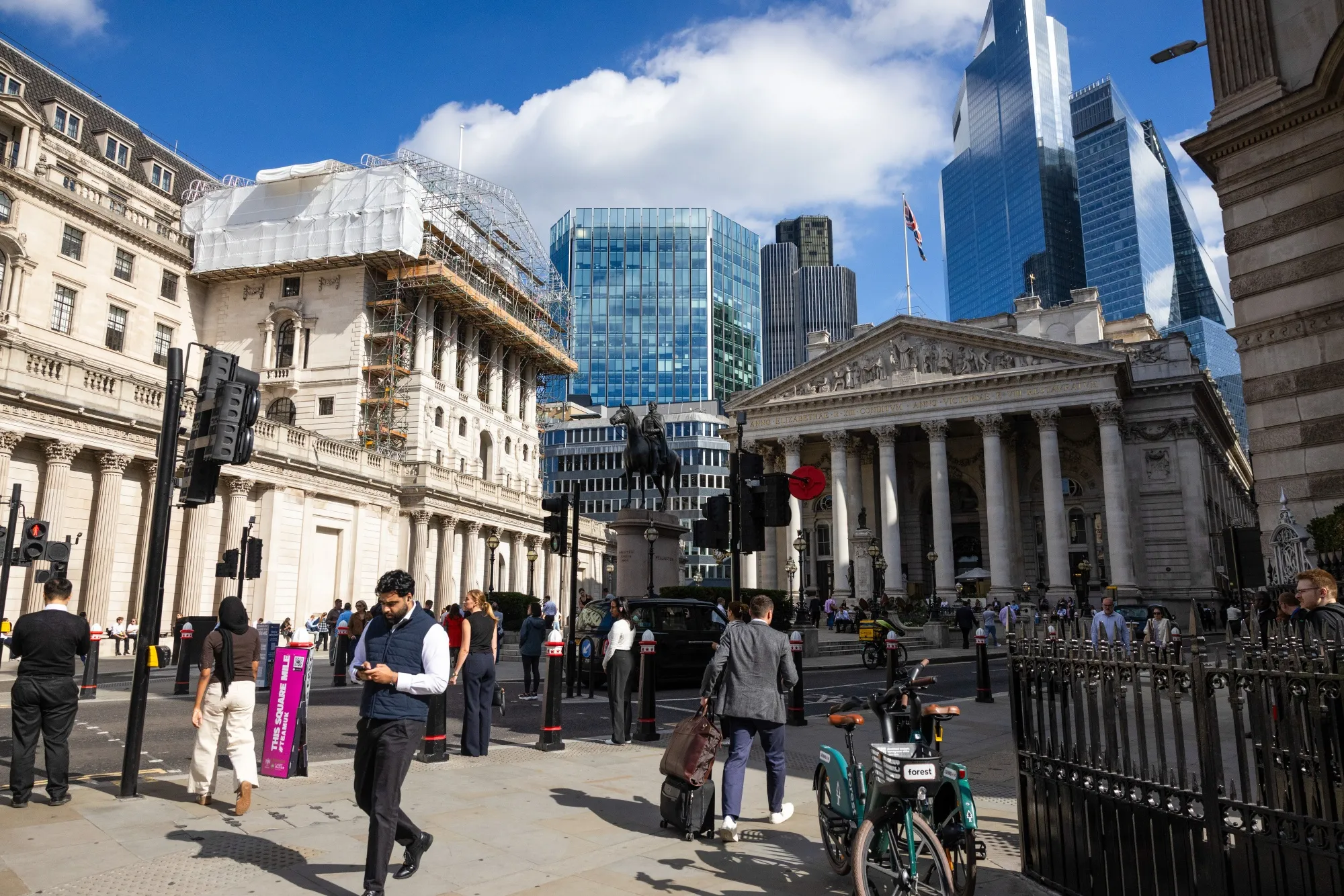 Skyscrapers beyond the Bank of England (BOE), left, in the City of London financial district on Sept. 23, 2026.