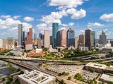 Panorama of aerial view of Downtown Houston, Texas, USA in a beautiful day.