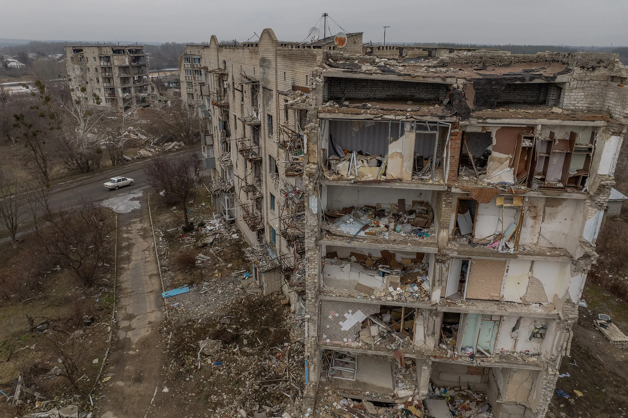 Residential buildings destroyed by shelling in Izyum, Kharkiv region, Ukraine, on Feb. 1.