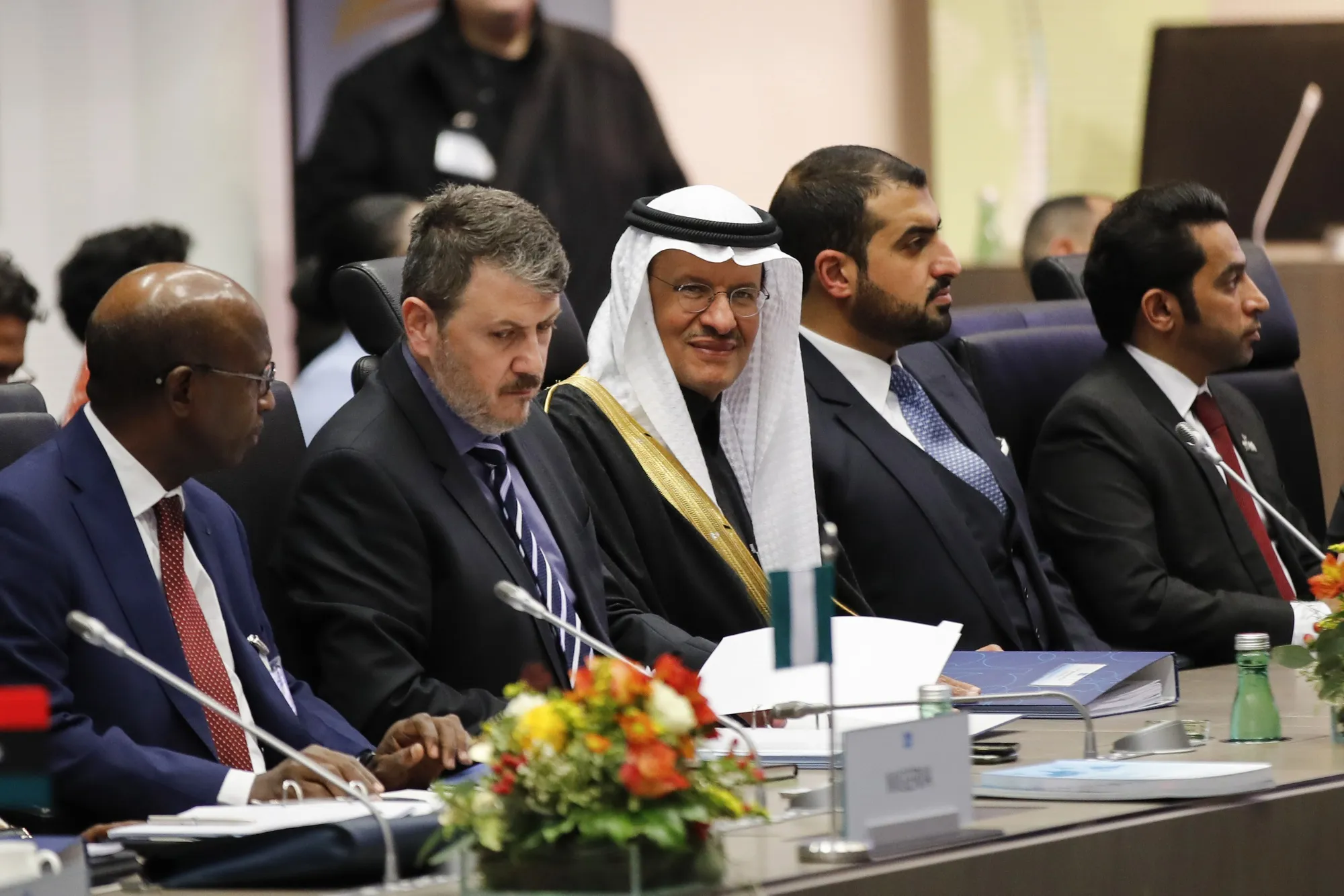 Abdulaziz bin Salman, Saudi Arabia's energy minister, center, awaits the start of the 177th Organization Of Petroleum Exporting Countries (OPEC) meeting in Vienna in 2019.
