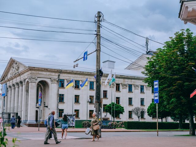 The Taras Shevchenko Theater in Chernihiv at midday, 10 months after a missile exploded above its roof. 