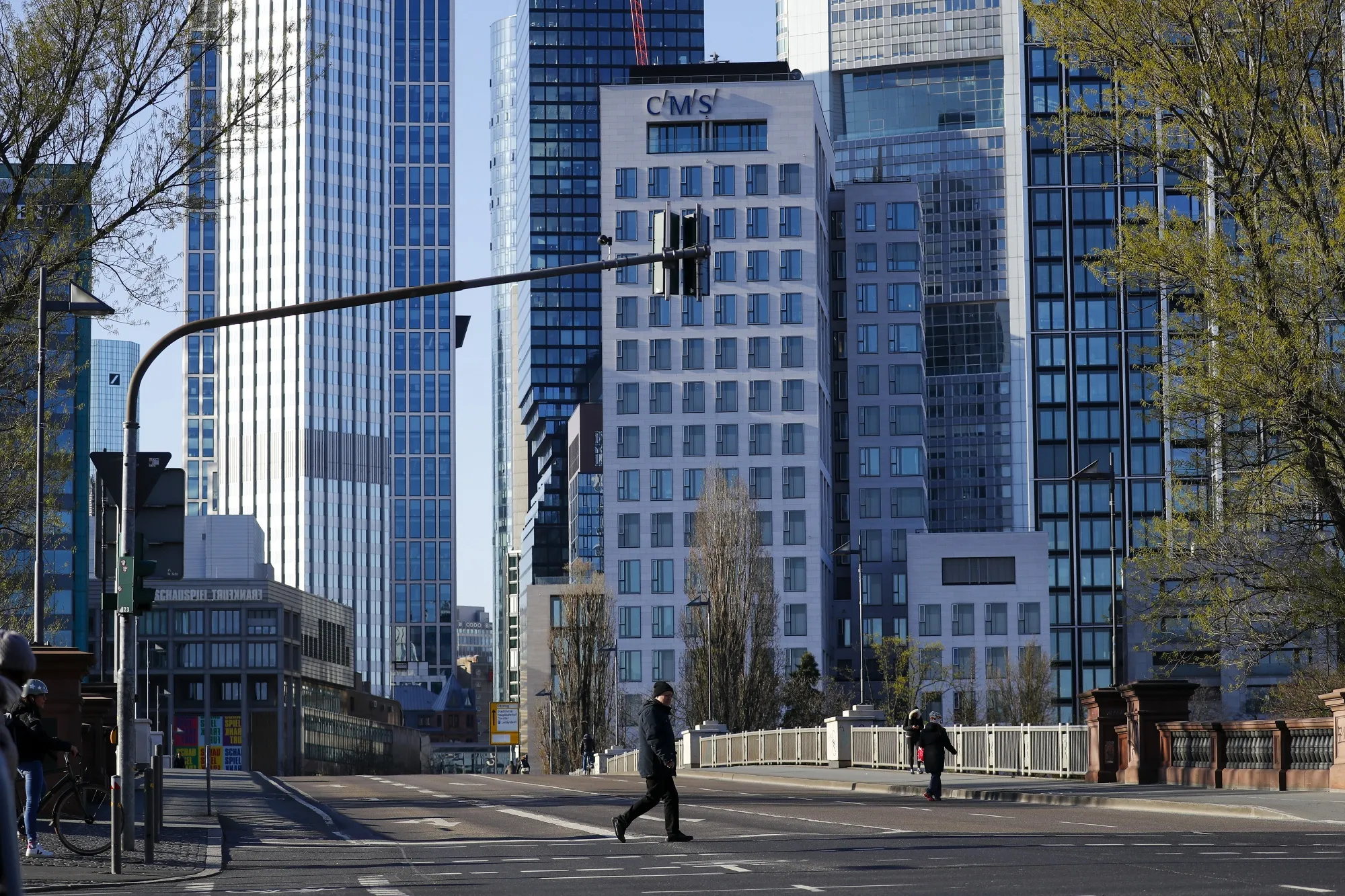 Pedestrians in the financial district of Frankfurt.