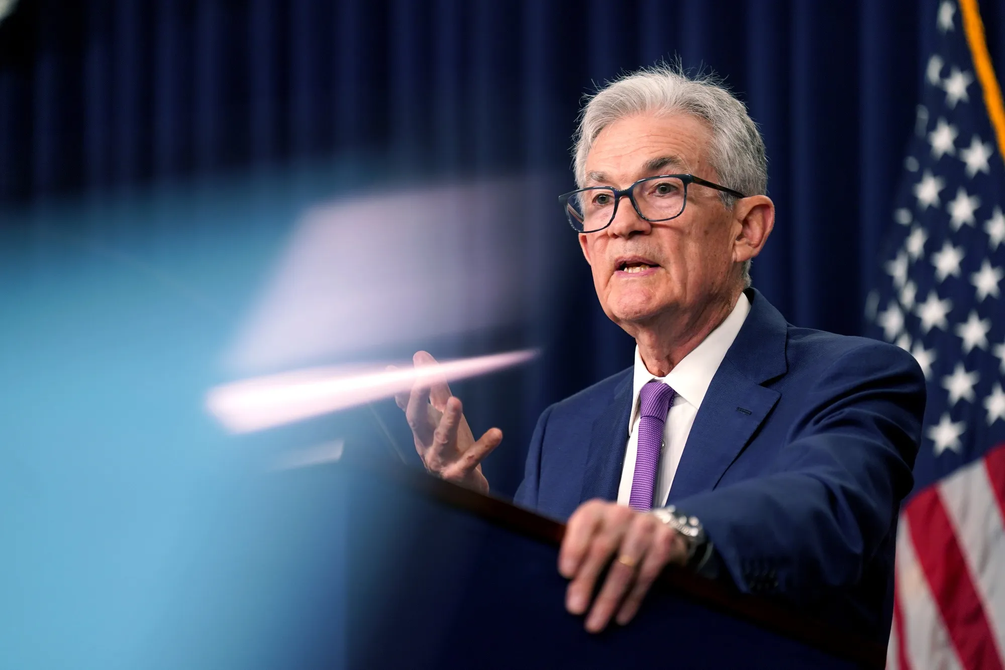 Fed Chair Powell during a news conference following the May 1 meeting.&nbsp;