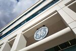Logo for General Electric on a building,