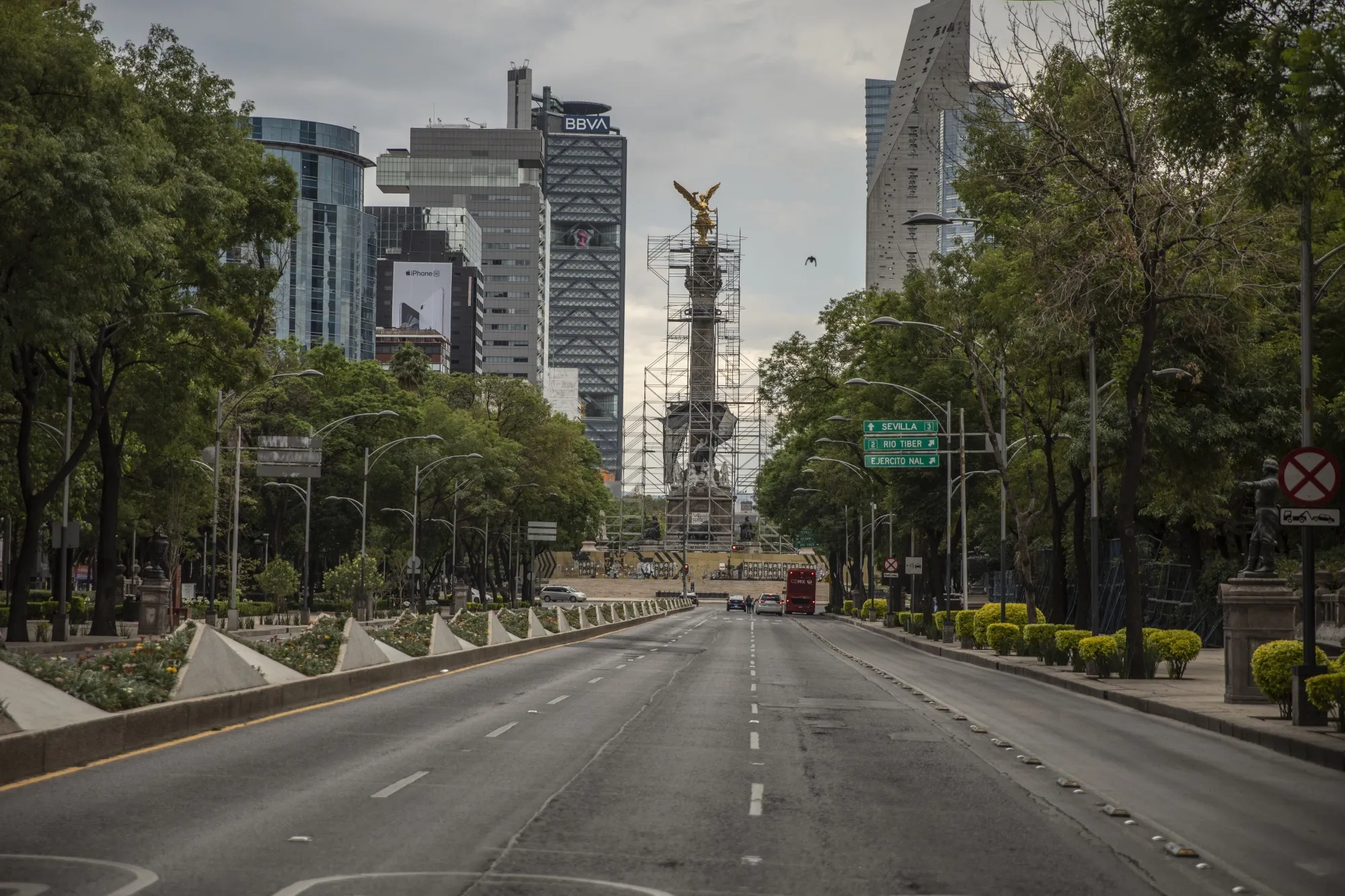 Scaffolding surrounds the Angel of Independence in front of a nearly empty Reforma Avenue in Mexico City on May 5.
