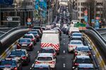 Gridlocked traffic fills the Rue de la Loi in Brussels, Belgium, in 2020. 