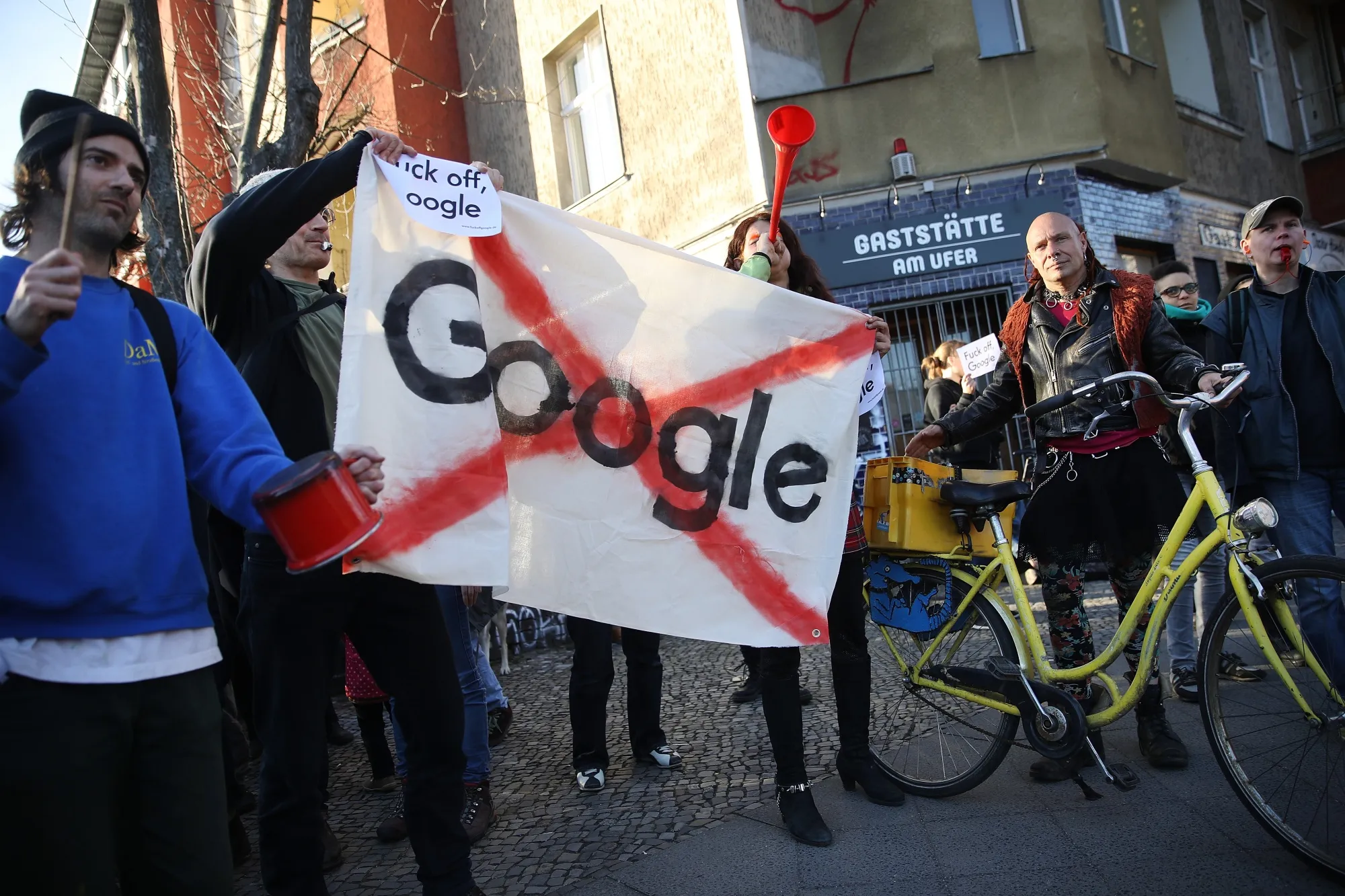 In 2018, protesters gathered outside the Umspannwerk building in Berlin’s Kreuzberg district, where Google planned to open a startup hub.&nbsp;