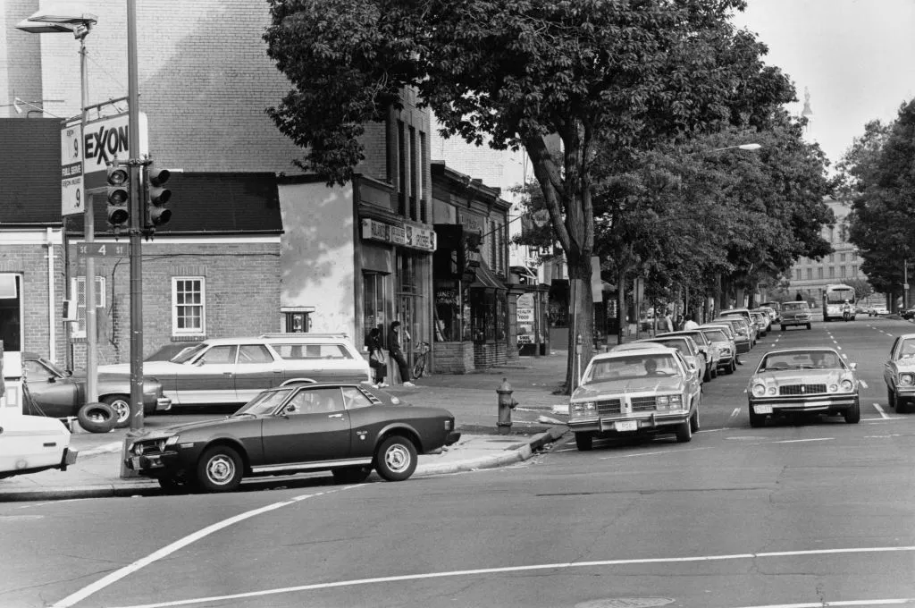 Drivers queuing round the block to buy fuel at a gas station on Capitol Hill in June 1979.