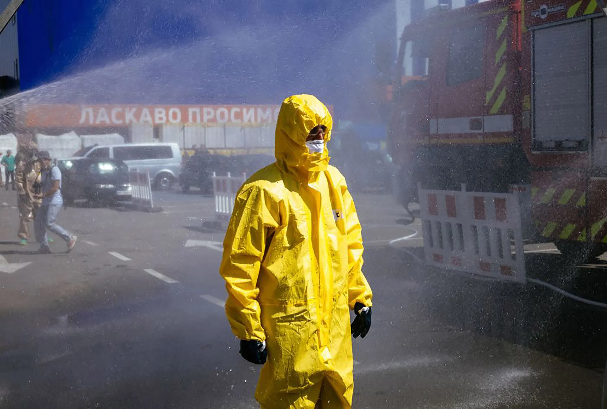 A Ukrainian Emergency Ministry rescuer attends an exercise in Zaporizhzhia&nbsp;in case of a possible nuclear incident, Aug. 17.