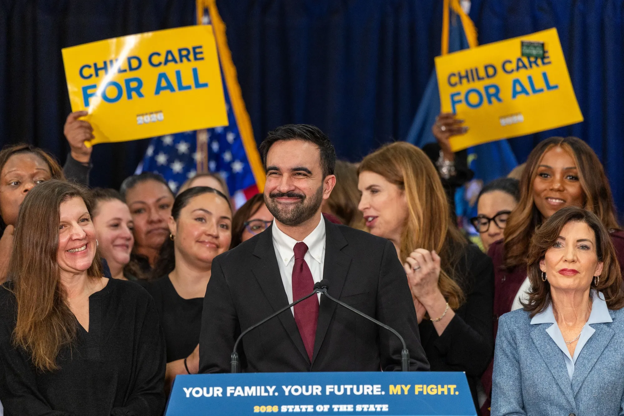 New York City Mayor Zohran Mamdani and New York Governor Kathy Hochul, right, at an event announcing expansions for free and affordable childcare programs in New York on Jan. 8.