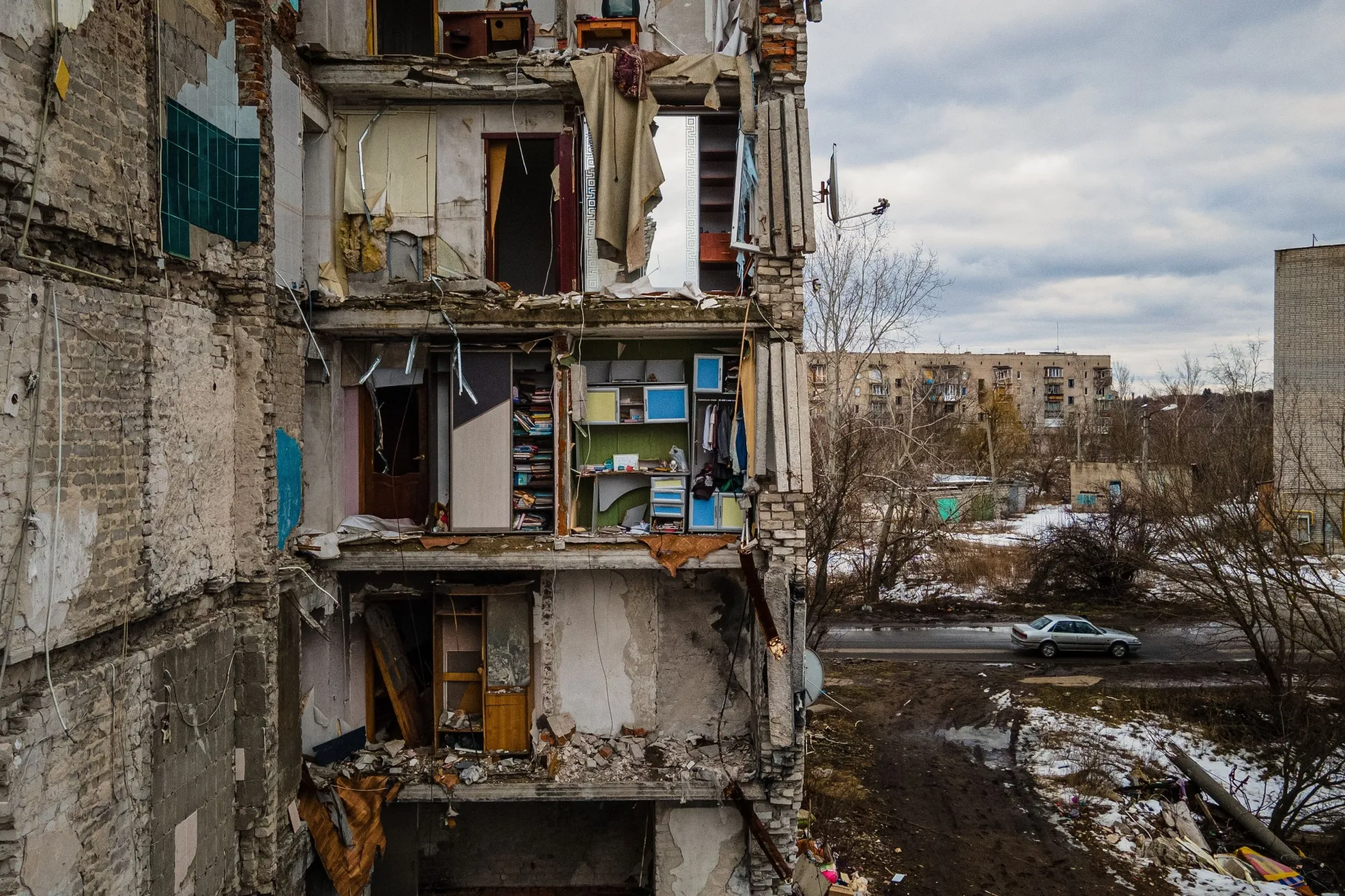 Residential buildings damaged by Russian shelling in Izyum, Ukraine.