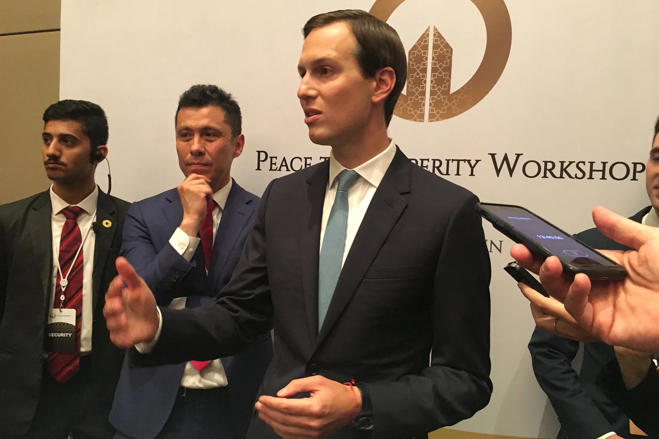 Jared Kushner speaks to reporters in Bahrain on June 26.