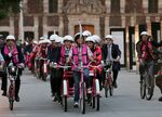 Mayors, including Paris mayor Anne Hidalgo, ride their bicycles ahead other mayors as they arrive at the C40 Mayors Summit in Mexico City.