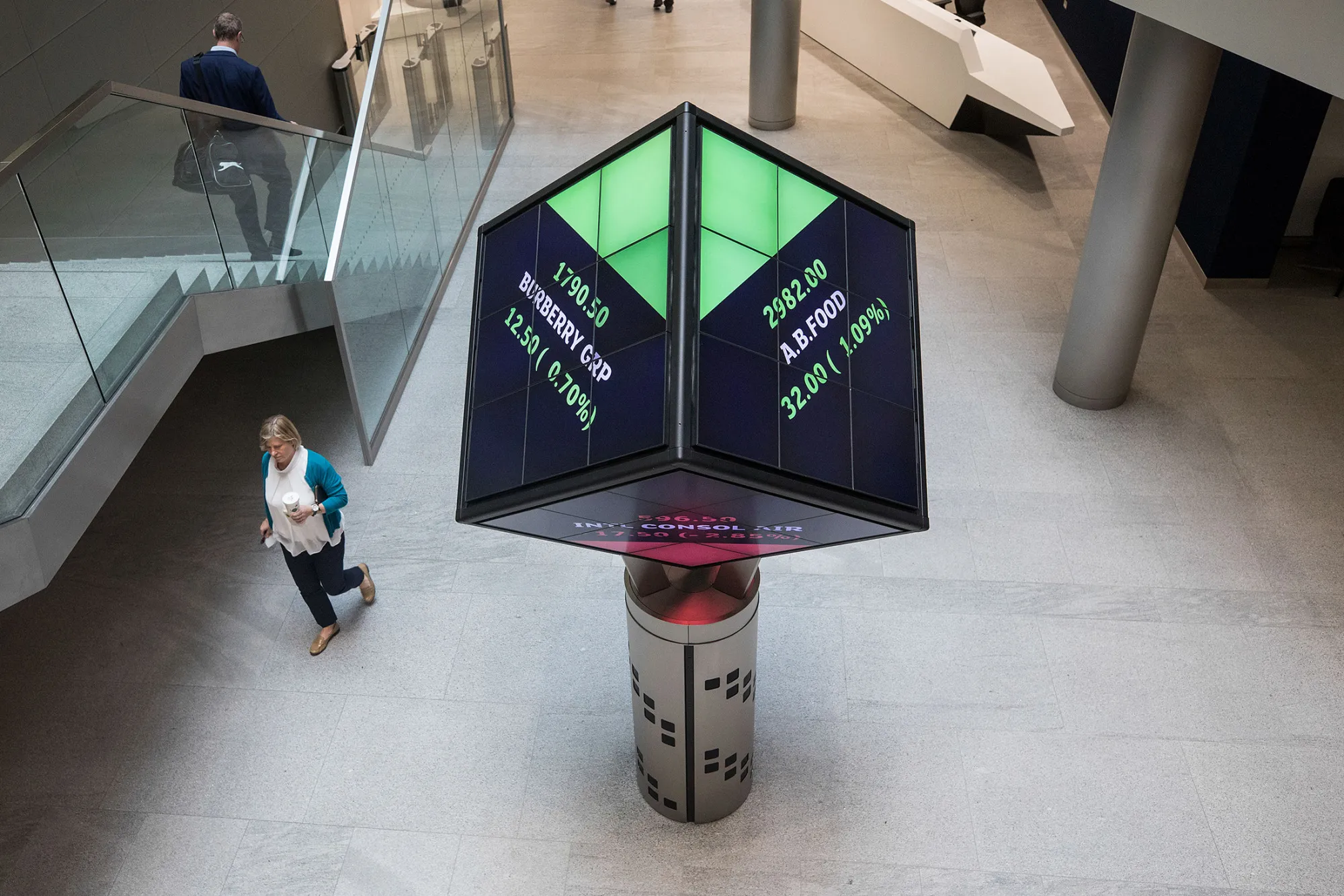 Employees walk past Burberry Group Plc, left, and Associated British Foods Plc, right, share price information displayed on an illuminated rotating cube in the atrium of the London Stock Exchange Group Plc's offices  in London, U.K., on Tuesday, May 30, 2017. The FTSE 100 Index has climbed 4.8 percent this month, one of the best gains among developed-market equities and a much bigger advance than its largest European peers.
